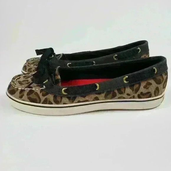 Sperry Top Sider Boat Shoes Leopard Tan Black White Gold Ribbon Laces Size 6M - Picture 8 of 15